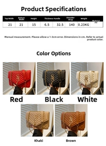 Size chart for quilted PU leather crossbody bags showing dimensions and five color options