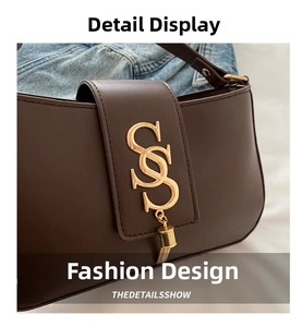 Detail of dark brown shoulder bag featuring golden S-shape metal buckle with fringe