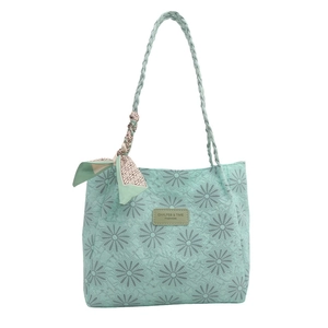 Mint green large tote bag with floral texture and braided handles for summer daily use