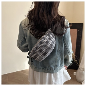 Close-up of classic plaid patterned crossbody bag with black double zipper detail
