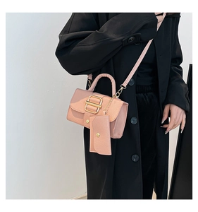 Pink litchi texture square bag with gold buckle and mini pouch on black coat