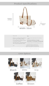 Detailed size specifications for the three-piece vintage letter tote and crossbody bag set