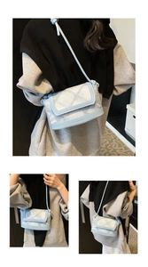 Detail view of light blue quilted crossbody bucket bag with Fashion & Bags text
