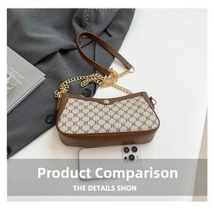 Detailed view of monogram shoulder bag showing brown leather trim and golden metal chain strap