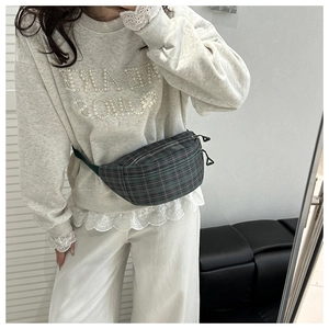Vintage plaid crossbody chest bag with adjustable strap in dark green and brown checkered pattern