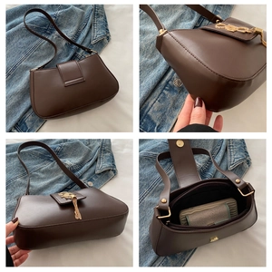 Detailed four-view of brown leather shoulder bag featuring gold hardware and interior layout