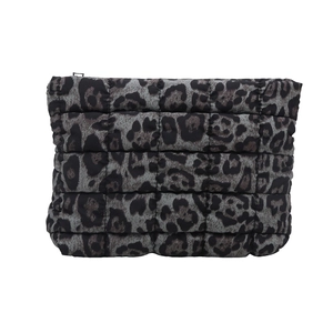Chic leopard print quilted clutch bag with zipper closure and checkered stitching design