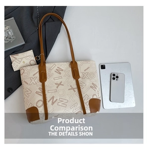 Flat lay of cream monogram tote bag with brown leather handles and small card pouch