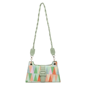 Women's geometric patchwork underarm bag with colorful triangle pattern and green strap