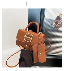 Close-up of brown textured leather crossbody bag with gold buckle and mini coin purse