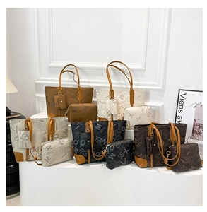 Detailed view of two-piece tote bag set in five colors with printed geometric patterns