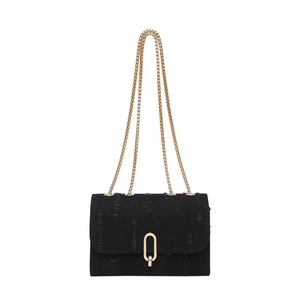 Fashionable black denim chain bag with distressed texture and gold hardware for women