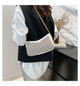 Detailed view of vintage pattern shoulder bag with golden chain and metallic logo
