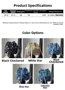 Dimensioni e varianti colore della borsa a secchiello in denim sfrangiato con motivi a stelle