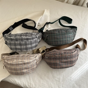Retro plaid shoulder saddle bags with adjustable wide straps in four assorted colors