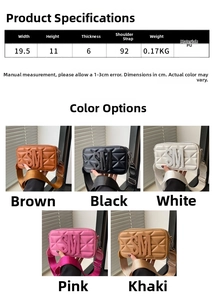Detailed size specifications and multi-color selection for the 3D letter camera bag