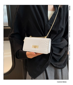 Détail du sac à rabat en cuir embossé crocodile blanc avec chaîne dorée et fermoir