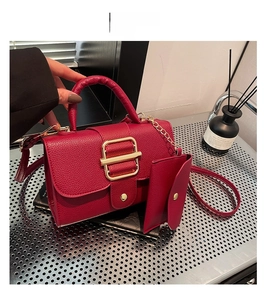 Detail of red lychee grain leather handbag with gold metal clasp and mini coin purse