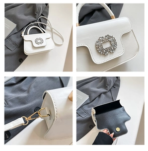 Detailed views of white crossbody bag with rhinestone buckle and detachable strap