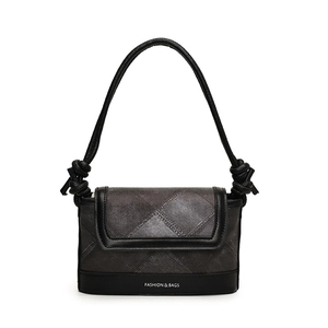 Fashionable dark grey checkered shoulder bag with stylish woven rope handles and flap cover