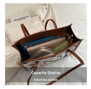Top view of spacious floral tote bag interior showing tablets and daily essentials
