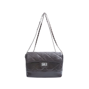 Dark brown quilted chain crossbody bag with silver twist lock and woven shoulder strap