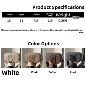 Detailed size specifications for a compact camera bag with SM logo and wide strap