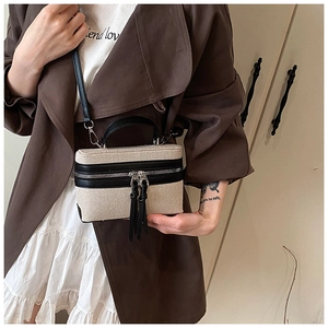 Detail of canvas box bag with contrast leather trim, dual zippers and slim strap