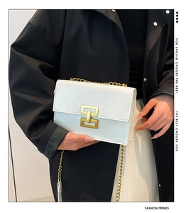 Detailed shot of white PU leather flap bag with gold rectangular buckle and chain strap