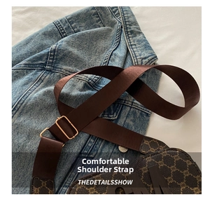 Detail of adjustable nylon strap and vintage monogram pattern on dark brown crossbody bag