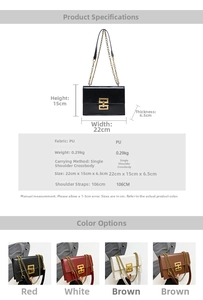 Detailed size chart and material specs for the retro PU leather chain crossbody bag