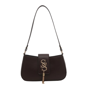 Minimalist dark coffee square shoulder bag with gold interlocked logo and tassel detail