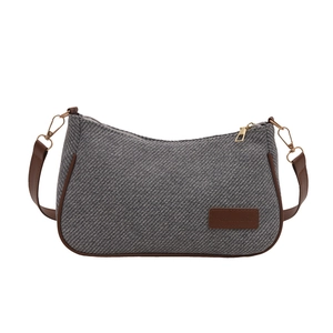 Retro grey canvas half-moon handbag with brown leather trim and gold hardware