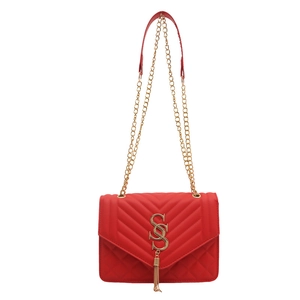 Red quilted leather crossbody bag with golden chain strap and fringe logo detail
