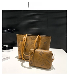 Close-up of the vintage brown tote bag set featuring large capacity and letter prints