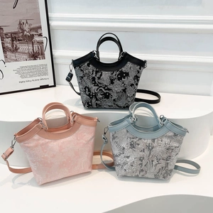 Women Floral Jacquard Bucket Bag Stylish Embroidered Handbag Retro PU Leather Trim Shoulder Bag With Adjustable Strap