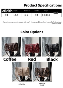 Detailed size specifications for leopard print punk shoulder bag with rivet accents