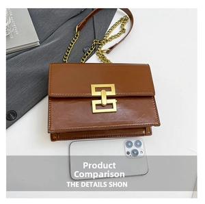 Detailed close-up of brown vintage crossbody bag with gold buckle and chain strap