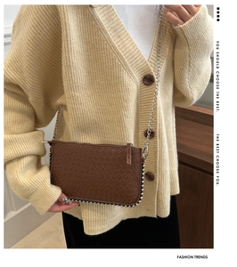 Detail of a brown woven crossbody bag with silver bead trim and a fine chain strap