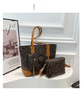 Three-piece retro brown tote set including crossbody bag and pouch with letter print