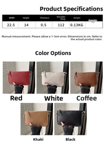 Detailed size specifications and multi-color options for woven PU chain clutch bag