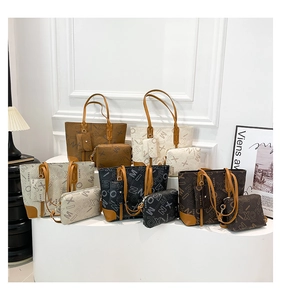 Detailed collection of five vintage letter print tote bags with matching small pouches