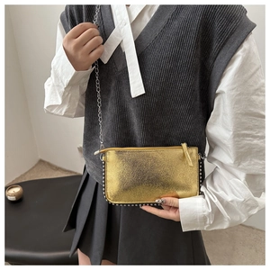 Detail of golden textured crossbody bag featuring silver rivet trim and fine chain strap
