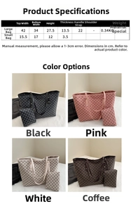 Size chart and color options for large vintage tote bag and matching small coin purse