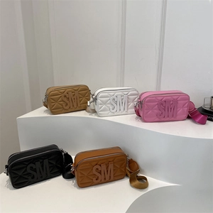 Small Square Camera Bag PU Leather Quilted Letter Decor Wide Strap Fashion Crossbody For Women