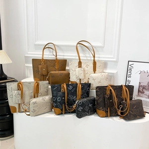 Vintage Letter Print Tote Handbag Large Capacity PU Leather Shoulder Bag Underarm Purse And Matching Pouches