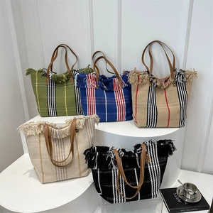 Bolso de Mano de Mujer Tejido a Rayas Con Borla Gran Capacidad Estilo Bohemio Bolso de Hombro para Vacaciones Diarias Oficina Playa