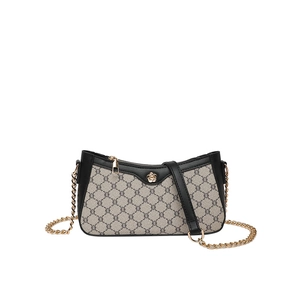 Classic monogram shoulder bag with grey pattern, black leather trim and gold flower detail