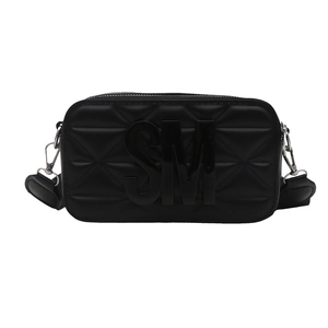 Quilted black crossbody bag with wide strap and large SM metallic logo detailing
