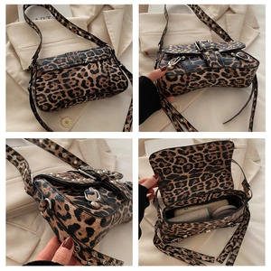 Detail view of leopard print shoulder bag showing rivets, interior space and various angles